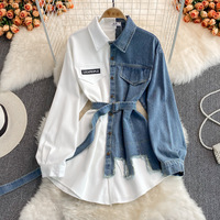  Fashion Women Denim Patchwork Lapel Dress irregular mid length shirt - Thumbnail 3