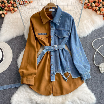  Fashion Women Denim Patchwork Lapel Dress irregular mid length shirt