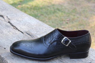  Crafted Leather Handmade Men Alligator Black Monk Strap Crocodile Dress Shoes