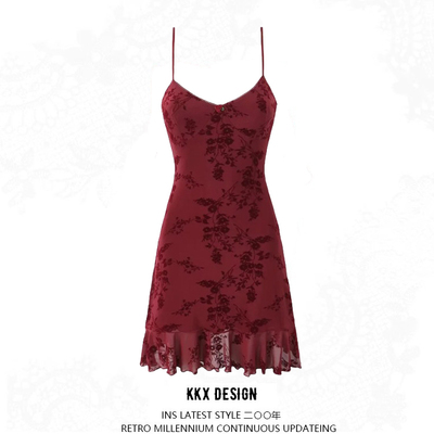 V-neck floral flocked suspender dress