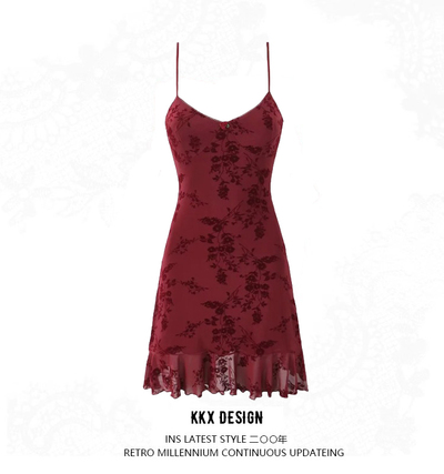 V-neck floral flocked suspender dress