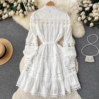 new stand up collar hollow single breasted dress lace up hollow lace skirt - Thumbnail 1
