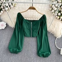 Women Girl Retro Zipper Open Collar Bubble Long Sleeve Shirt - Thumbnail 5