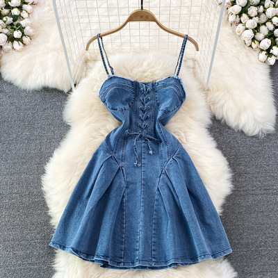 Women girls denim suspender dress