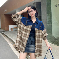 Fashion Women Girls Demin contrast color splicing long sleeve shirt  - Thumbnail 5