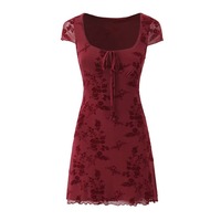 Flocked retro small flower square collar exposed clavicle bow knot earrings dress - Thumbnail 3