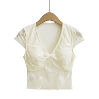 Romantic Butterfly Lace V-neck Short Sleeve T-shirt - Thumbnail 2