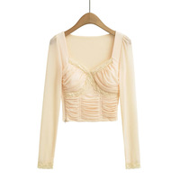 Sexy Slim Fit Lace Splicing Short Mesh T-shirt - Thumbnail 2