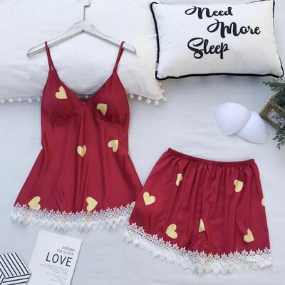 Women 2 pieces silk sleepwear pyjamas love print vest shorts set  - Thumbnail 3