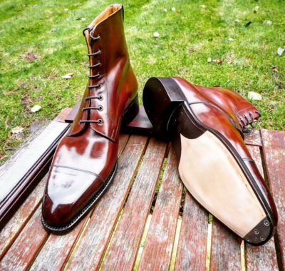 Handmade Men Classic Dress Shoes Red Cognac Calf Leather Ankle High Lace up Boot