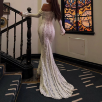 Long-sleeved lace one-shoulder fishtail floor-length dress white dress - Thumbnail 4