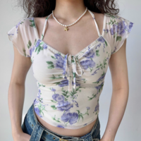 Flower mesh v-neck short-sleeved T-shirt - Thumbnail 3