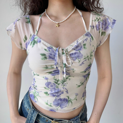 Flower mesh v-neck short-sleeved t-shirt