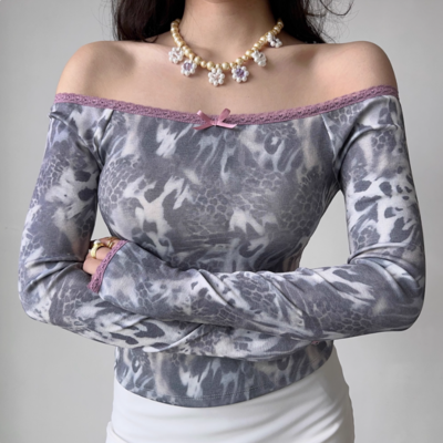 Sexy one shoulder printed long sleeve t-shirt women's lace hot girl top