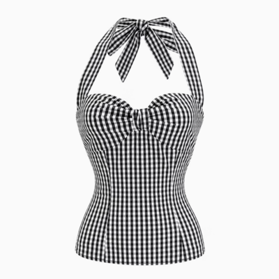 Black and white plaid slim-fit halterneck vest