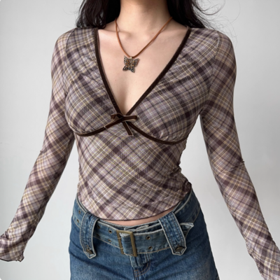 Vintage deep v neck long sleeve plaid t-shirt - Thumbnail 5