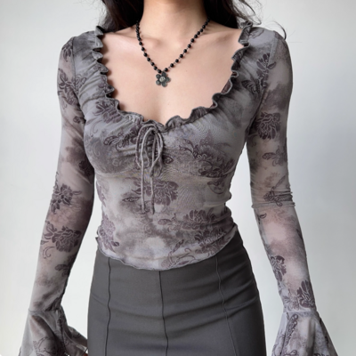 Ruffle hem lace-up flocked t-shirt - Thumbnail 4