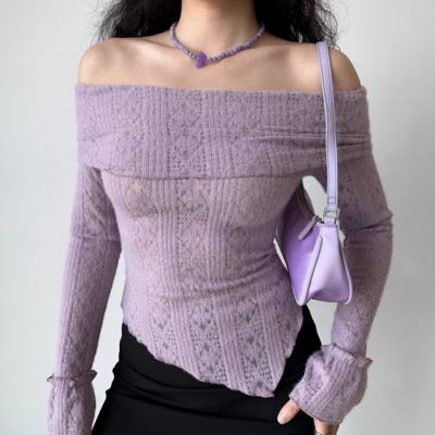 Jacquard hollow shoulder knitted long-sleeved t-shirt - Thumbnail 4