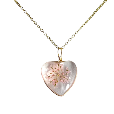 Pink pressed flower heart necklace