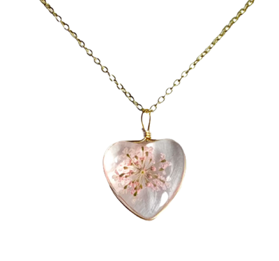Pink Pressed Flower Heart Necklace