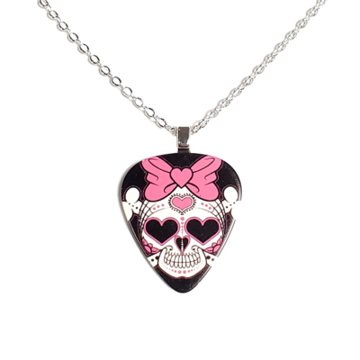 Pink bow sugar skull guitar pick necklace
