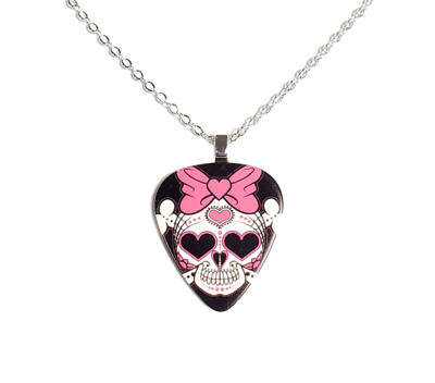 Pink Bow Sugar Skull Guitar Pick Necklace