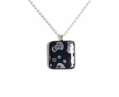 Dichroic Silver Sugar Skulls on Black Fused Glass Necklace