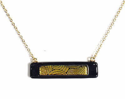 Dichroic Yellow Circles on Black Fused Glass Bar Necklace