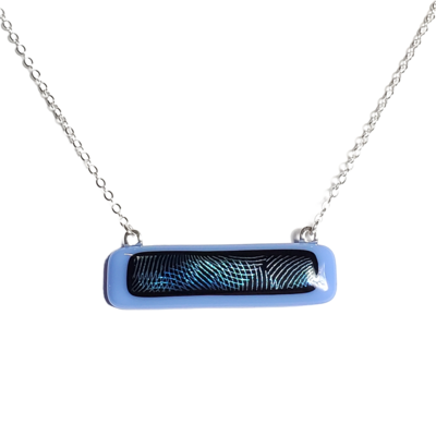 Blue and silver geometric dichroic on blue fused glass bar necklace
