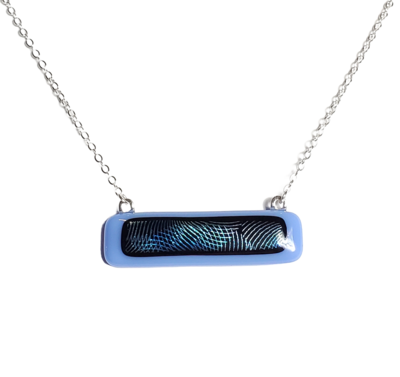 Blue and Silver Geometric Dichroic on Blue Fused Glass Bar Necklace