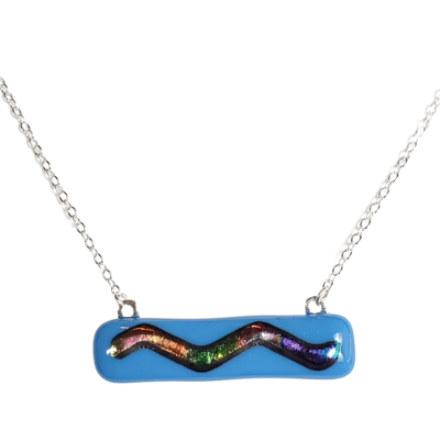 Dichroic rainbow wave on blue fused glass bar necklace