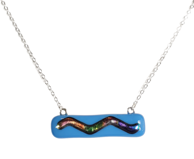 Dichroic Rainbow Wave on Blue Fused Glass Bar Necklace