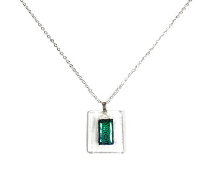 Dichroic Green Circles on Clear Fused Glass Pendant Necklace