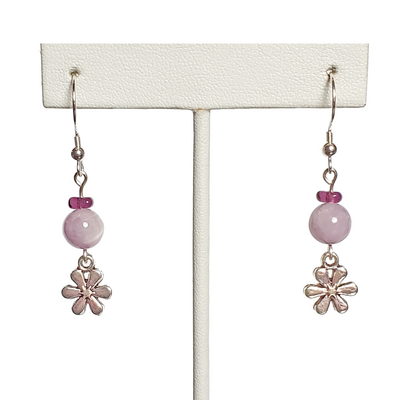 Purple lavender chalcedony, amethyst, and flower charm earrings