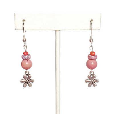 Pink opal and floral charm dangle earrings