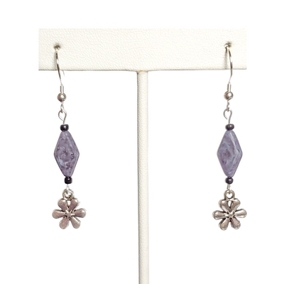 Marble black diamond bead and flower charm earrings