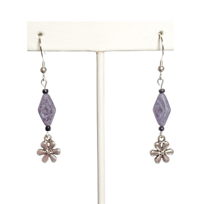 Marble Black Diamond Bead and Flower Charm Earrings