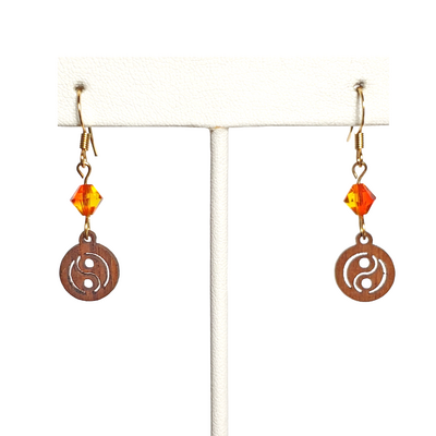 Wood yin yang and fire opal crystal earrings
