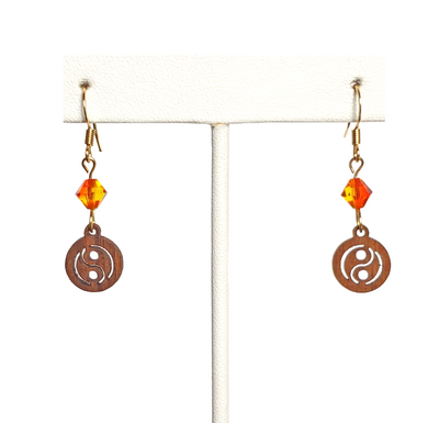 Wood Yin Yang and Fire Opal Crystal Earrings