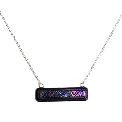 Dichroic multicolored cells on black fused glass bar necklace