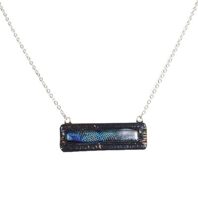 Geometric dichroic on striped metallic black fused glass bar necklace