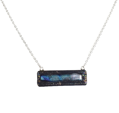 Geometric Dichroic on Striped Metallic Black Fused Glass Bar Necklace