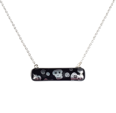 Dichroic Silver Skulls on Black Fused Glass Bar Necklace