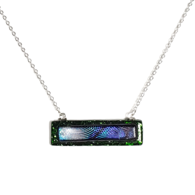 Dichroic geometric on sparkle green fused glass bar necklace