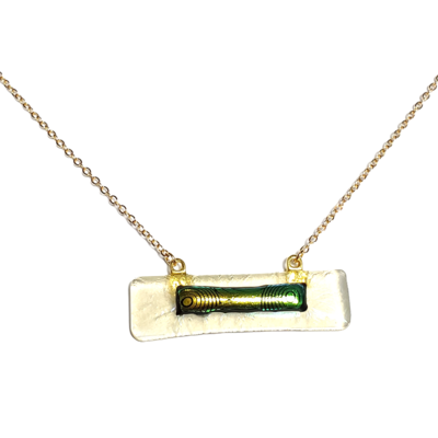 Dichroic green circles on transparent yellow fused glass bar necklace