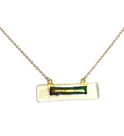 Dichroic Green Circles on Transparent Yellow Fused Glass Bar Necklace