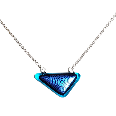 Dichroic blue circles on transparent blue fused glass triangle pendant necklace