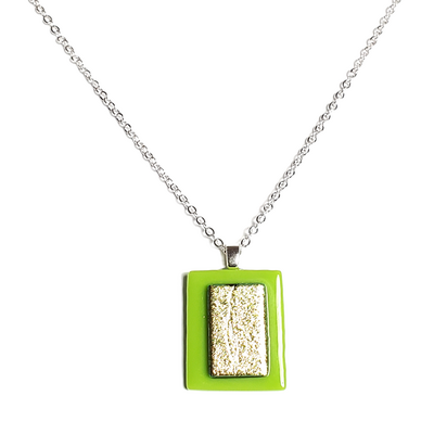Dichroic yellow on kelly green fused glass pendant necklace - Thumbnail 1