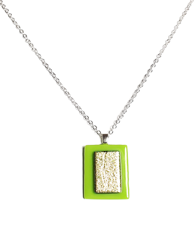 Dichroic Yellow on Kelly Green Fused Glass Pendant Necklace