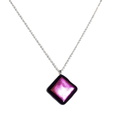 Hot pink dichroic on black fused glass pendant necklace - Thumbnail 2